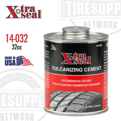 A 32 oz can of Xtra Seal Chemical Vulcanizing Tire Repair Cement with a label showing the product details and the brand logo. 14-032