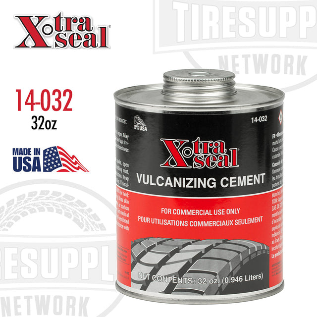 A 32 oz can of Xtra Seal Chemical Vulcanizing Tire Repair Cement with a label showing the product details and the brand logo. 14-032