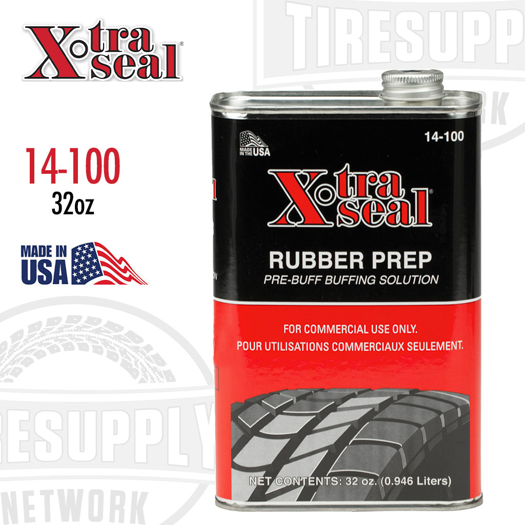 A can of Xtra Seal Rubber Prep Pre-Buff Buffing Solution with a label indicating it is a 32 oz product, designed for tire repair, and made in the USA. 14-100