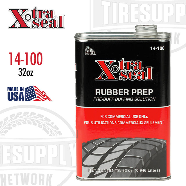 A can of Xtra Seal Rubber Prep Pre-Buff Buffing Solution with a label indicating it is a 32 oz product, designed for tire repair, and made in the USA. 14-100