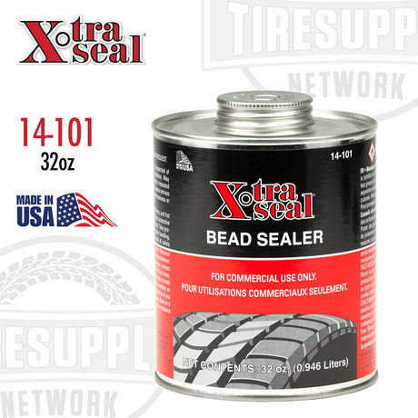 A 32 oz can of Xtra Seal bead sealer with a brush cap, predominantly black and red with white text and a graphic of a tire bead on the label. 14-101