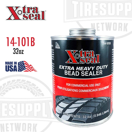 A 32 oz can of Xtra Seal Extra Heavy Duty Bead Sealer with a brush cap, predominantly black and red with white text and accents, made in the USA.