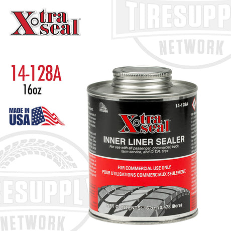 A 16 oz can of Xtra Seal Inner Liner Tire Repair Sealer with a red and black label, indicating it is for commercial use only and made in the USA. 14-128A