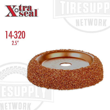 A 2.5 inch diameter buffing wheel with a 3/8 inch arbor hole, covered in a brownish substance, likely representing the 36 grit texture for buffing.