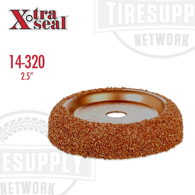 A 2.5 inch diameter buffing wheel with a 3/8 inch arbor hole, covered in a brownish substance, likely representing the 36 grit texture for buffing.