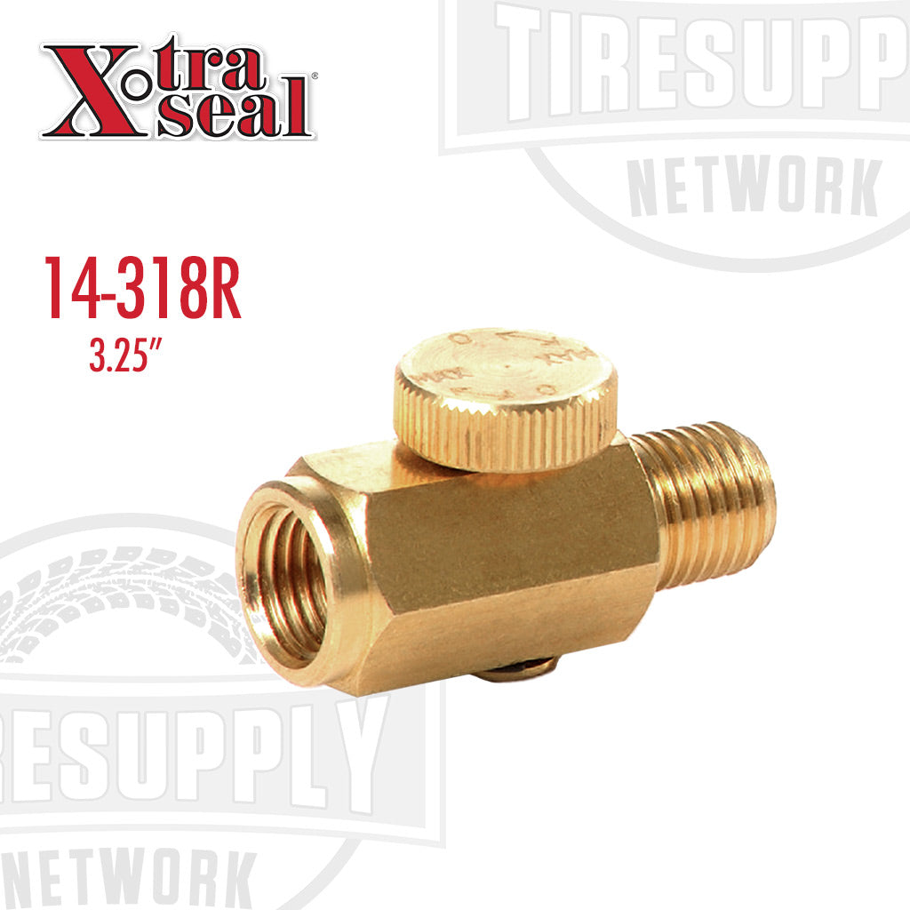 A gold-colored brass in-line air regulator with a 1/4 inch NPT quick connect fitting, labeled with the Xtra Seal brand and the model number 14-318R.
