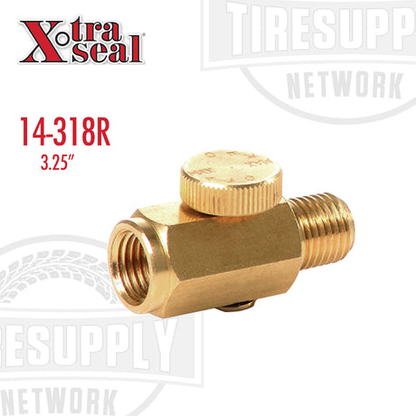 A gold-colored brass in-line air regulator with a 1/4 inch NPT quick connect fitting, labeled with the Xtra Seal brand and the model number 14-318R.