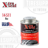 8 oz can of Xtra Seal Super-Blu Vulcanizing Tire Repair Cement with a red and black label, indicating it is for professional use only, flammable, and made in the USA.
