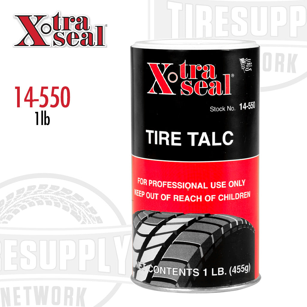 A sifter-shaker can of Xtra Seal Tire Talc with a label showing the product name and weight of 1 lb. 14-550