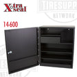 A black metal storage wall cabinet with multiple compartments, branded with 'Xtra Seal' and model number '14-600'.