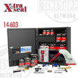 Wall cabinet with full tire repair product and tool assortment, labeled Xtra Seal, with various items arranged inside and outside the open cabinet doors. 14-603