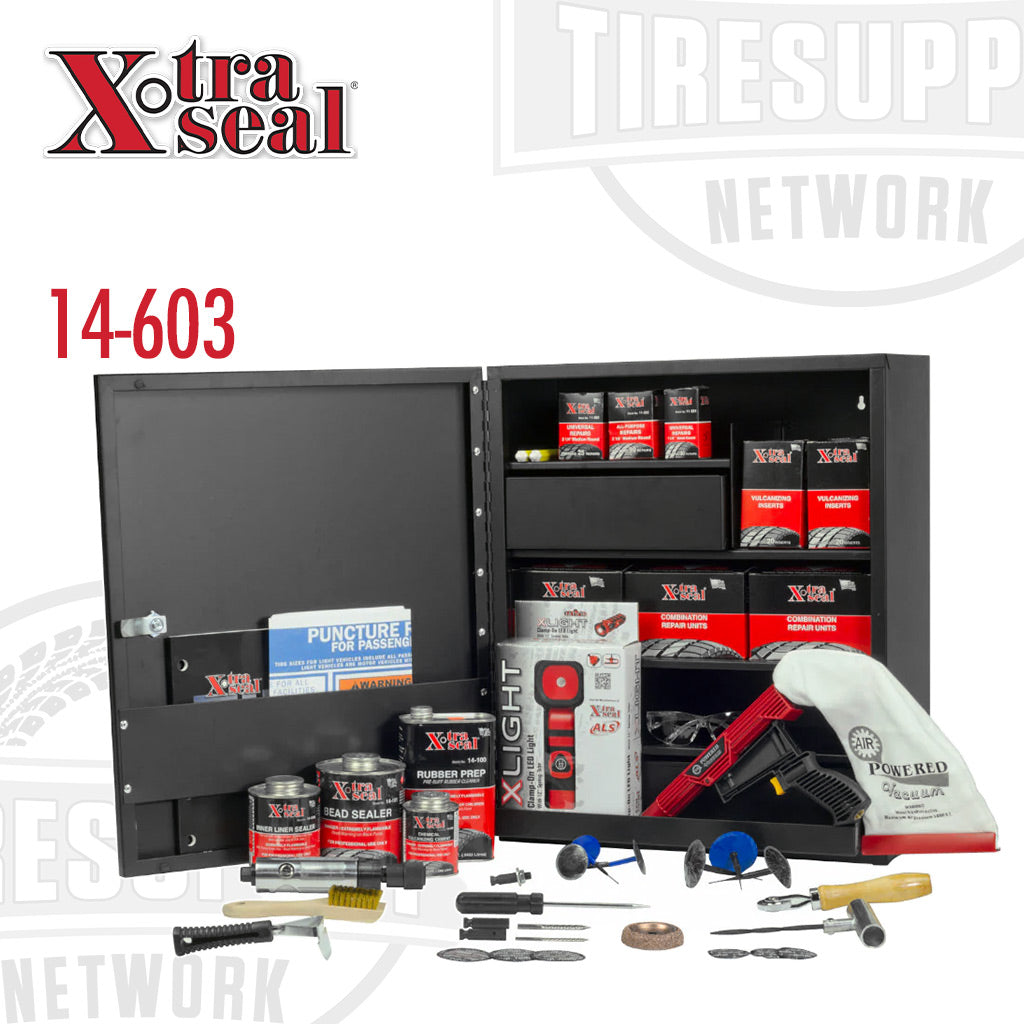 Wall cabinet with full tire repair product and tool assortment, labeled Xtra Seal, with various items arranged inside and outside the open cabinet doors. 14-603
