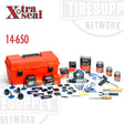 An array of tire repair tools and materials displayed around a red plastic toolbox with the Xtra Seal brand visible. 14-650