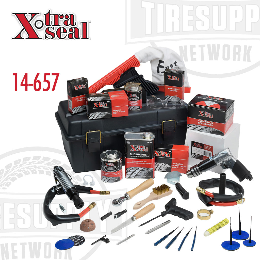 A collection of tire repair tools and materials displayed around a black toolbox with the Xtra Seal brand visible. 14-657