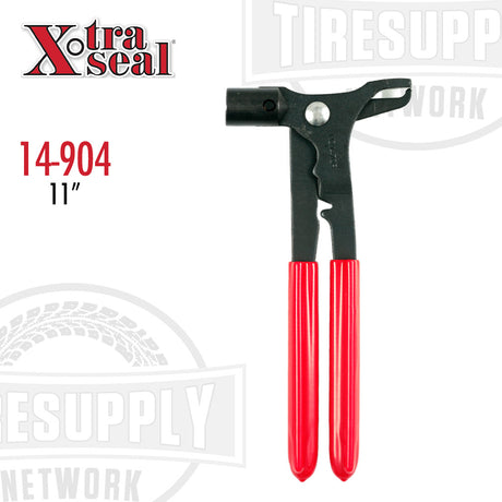 A pair of red-handled Xtra Seal wheel weight pliers with a metal head. 14-904