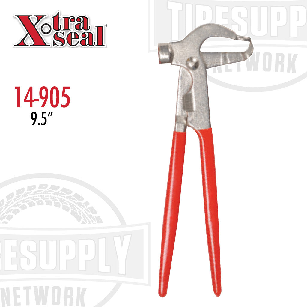 A pair of red-handled Xtra Seal wheel weight pliers with a metal head and silver-colored grips. 14-905