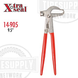 A pair of red-handled Xtra Seal wheel weight pliers with a metal head and silver-colored grips. 14-905