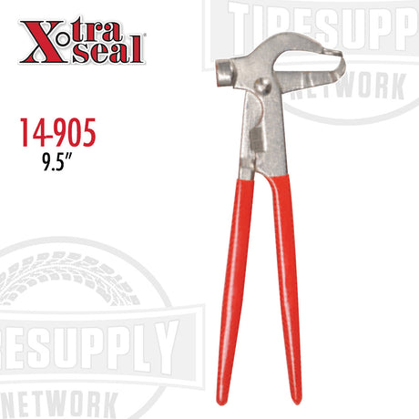 A pair of red-handled Xtra Seal wheel weight pliers with a metal head and silver-colored grips. 14-905