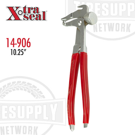 Heavy duty red and silver wheel weight pliers with rubber grip handles and a hammer tip. 14-906