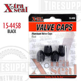 A pack of four black aluminum valve caps by Xtra Seal, displayed in a clear plastic packaging with branding and product information. 15-4458