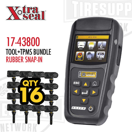 Xtra Seal Smart Sensor Elite TPMS Diagnostic Programming Tool with a display and buttons, alongside 16 TPMS sensors with rubber snap-in valves. 17-43800