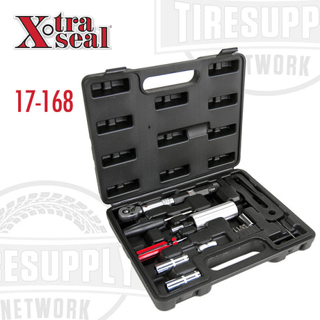 Xtra Seal TPMS Tool Kit Assortment in a black poly hard case with various tools for tire pressure monitoring system service. 17-168.