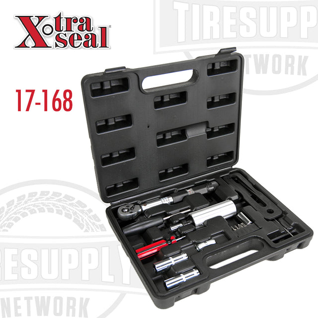 Xtra Seal TPMS Tool Kit Assortment in a black poly hard case with various tools for tire pressure monitoring system service. 17-168.