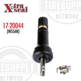 An image showing a black Xtra Seal snap-in TPMS valve for Nissan vehicles, with a part number 17-20044, along with a locking clip. The valve is designed to be attached to a wheel sensor module.