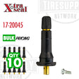 A black Xtra Seal TPMS Snap-In Valve with a rubber stem and metal core. 17-20045