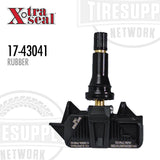 A black Xtra Seal universal multi-frequency TPMS smart sensor with rubber snap-in valve, model number 17-43041.