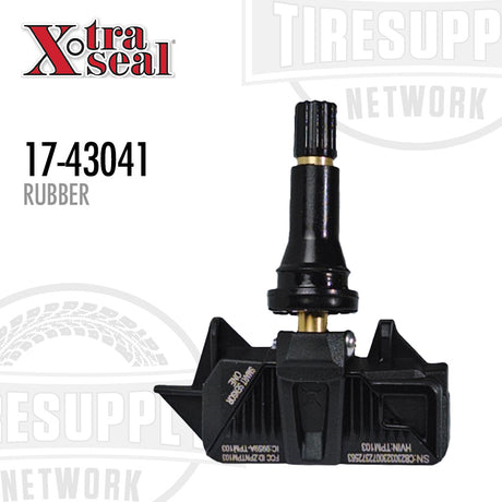 A black Xtra Seal universal multi-frequency TPMS smart sensor with rubber snap-in valve, model number 17-43041.