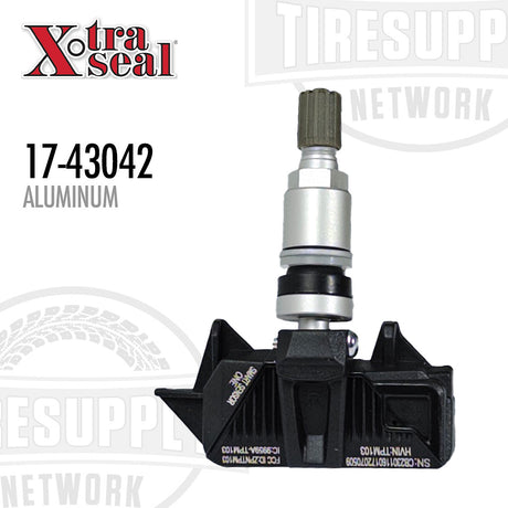 A black Xtra Seal universal multi-frequency TPMS smart sensor with an aluminum clamp-in valve, model number 17-43042, displayed against a white background.