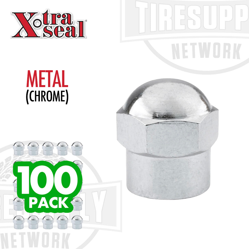 A box of 100 chrome metal hex valve caps with the Xtra Seal. 17-493.