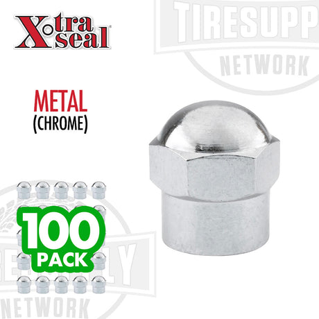 A box of 100 chrome metal hex valve caps with the Xtra Seal. 17-493.