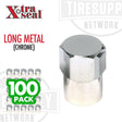 A long skirted chrome metal hex valve cap with the Xtra Seal branding, presented in a pack of 100. 17-493B