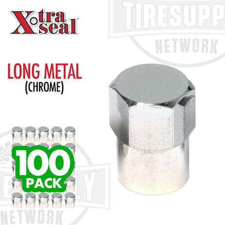 A long skirted chrome metal hex valve cap with the Xtra Seal branding, presented in a pack of 100. 17-493B