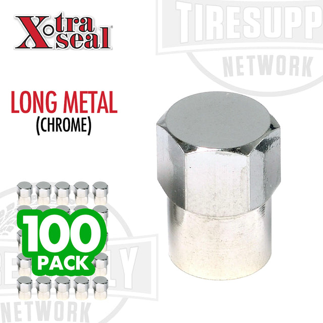A long skirted chrome metal hex valve cap with the Xtra Seal branding, presented in a pack of 100. 17-493B