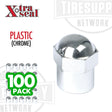 A box of 100 chrome-plated plastic hex valve caps with the Xtra Seal. 17-493P. 