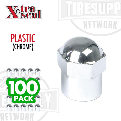 A box of 100 chrome-plated plastic hex valve caps with the Xtra Seal. 17-493P. 