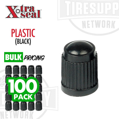 The image shows a black plastic valve cap with the Xtra Seal brand logo, indicating the cap is TPMS compatible. It also highlights that the product is sold in bulk with options for a single pack or a 1000 pack.