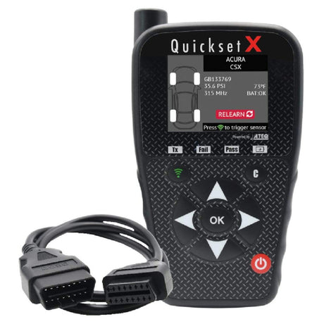 ATEQ Quickset X TPMS Reset Tool with OBD cable. The device has a black color scheme with a screen and buttons.