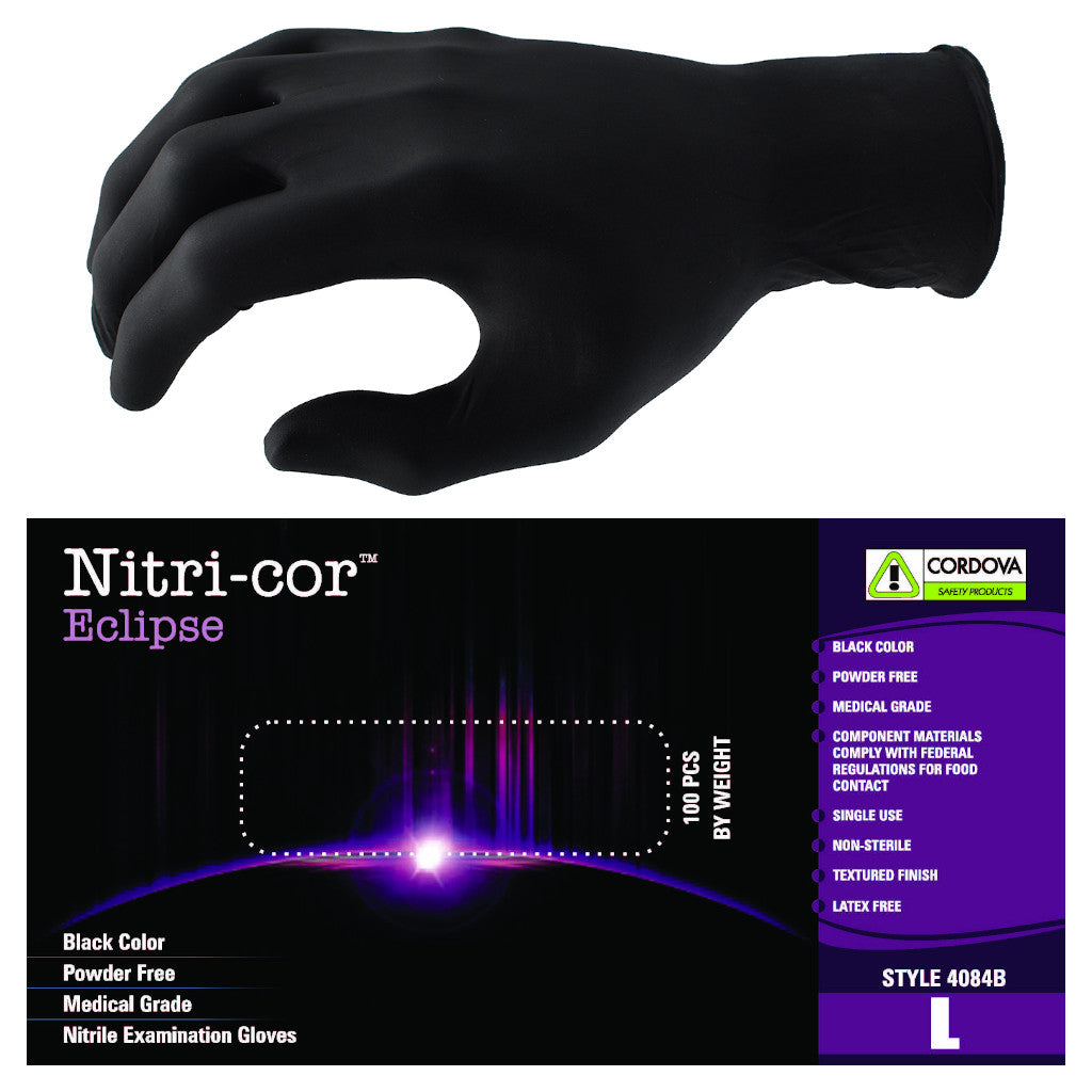 Cordova Safety Products 4084B Nitri-Cor Disposable Powder-Free Medical-Grade Black Nitrile Gloves