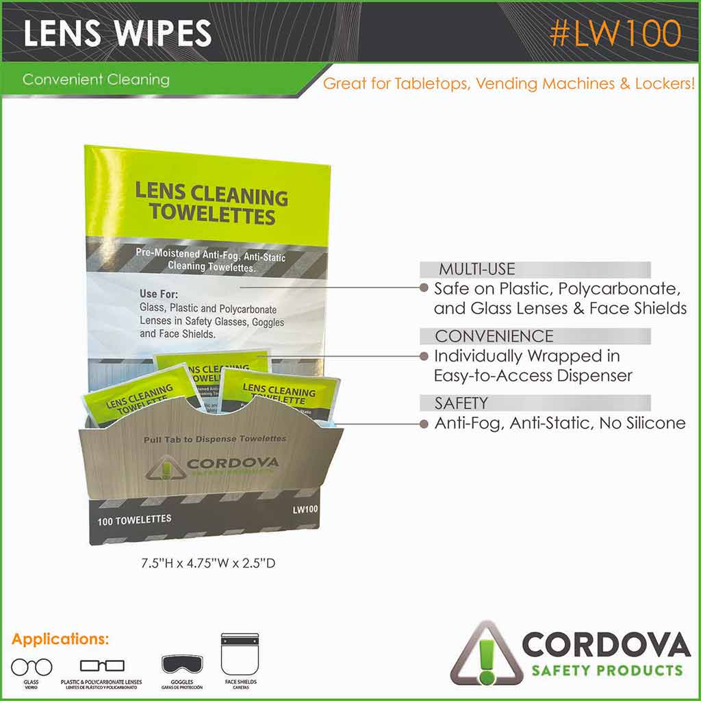 Cordova Safety Products | Lens Cleaning Wipes - Box of 100 Individually Wrapped Towelettes (LW100)
