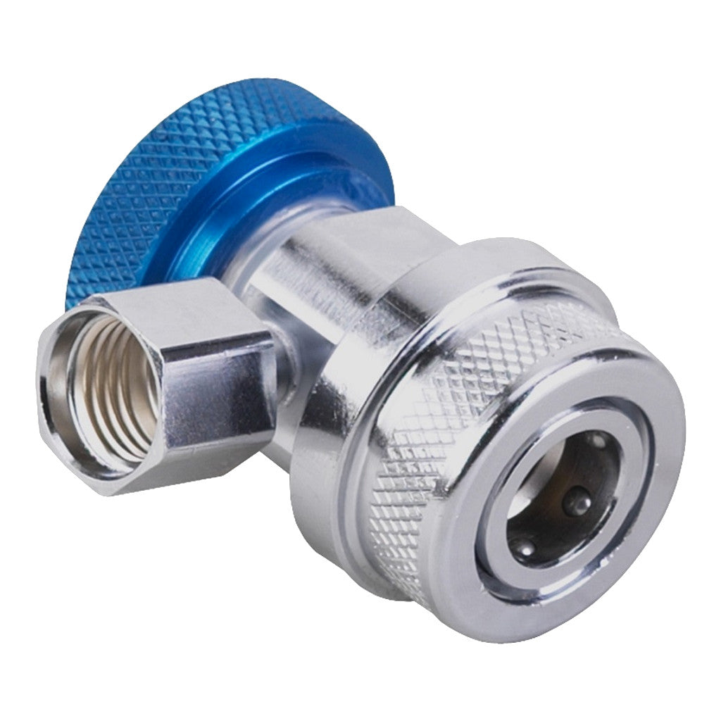 A blue and silver Robinair 18190A Low Side Service Coupler for R-134A Refrigerant with a safety sleeve and quick connect design.